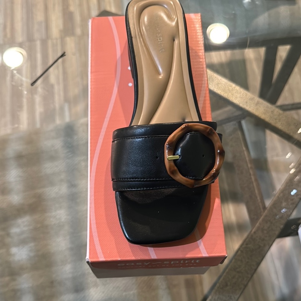 Easy Spirit Black and Brown Slip-On Loafers with Gold Buckle
